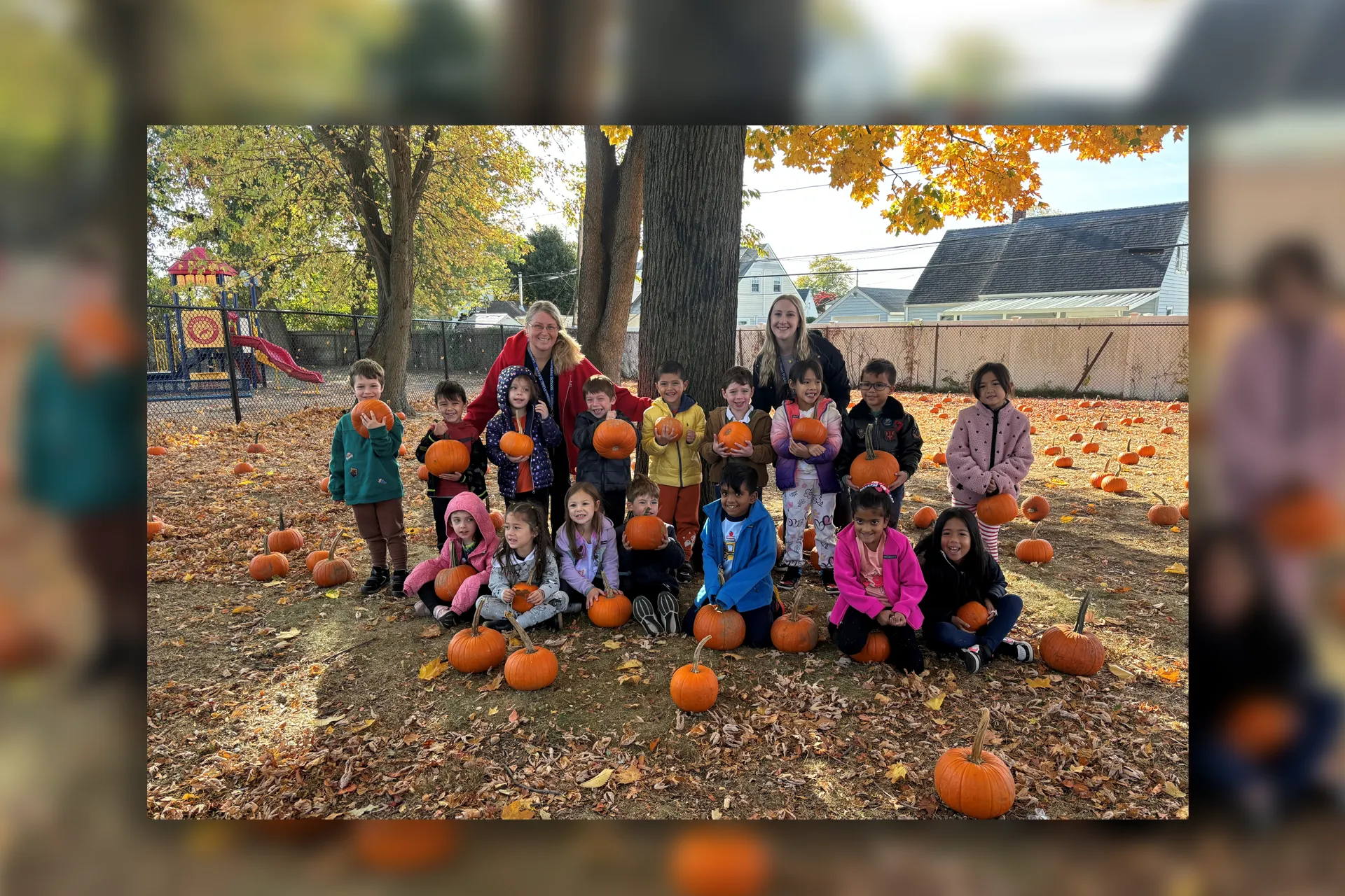 Kindergarten students had a fun-filled fall with crafts and projects. They went on leaf hunts, planted magic pumpkin seeds, and chose pumpkins from the school patch.