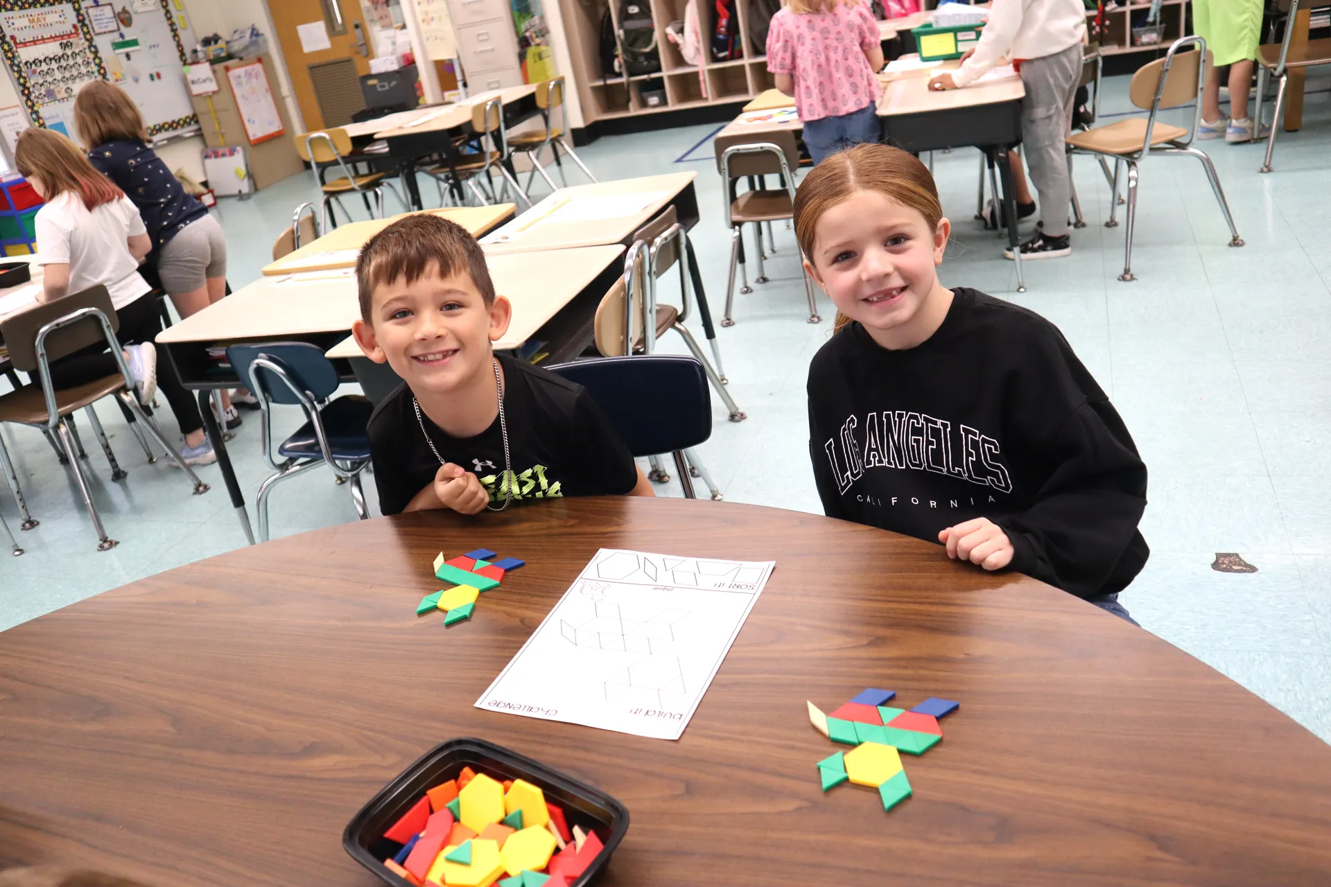 First graders at Lee Road Elementary School in the Levittown School District worked together to bring animals to life through colorful pattern blocks on May 29.