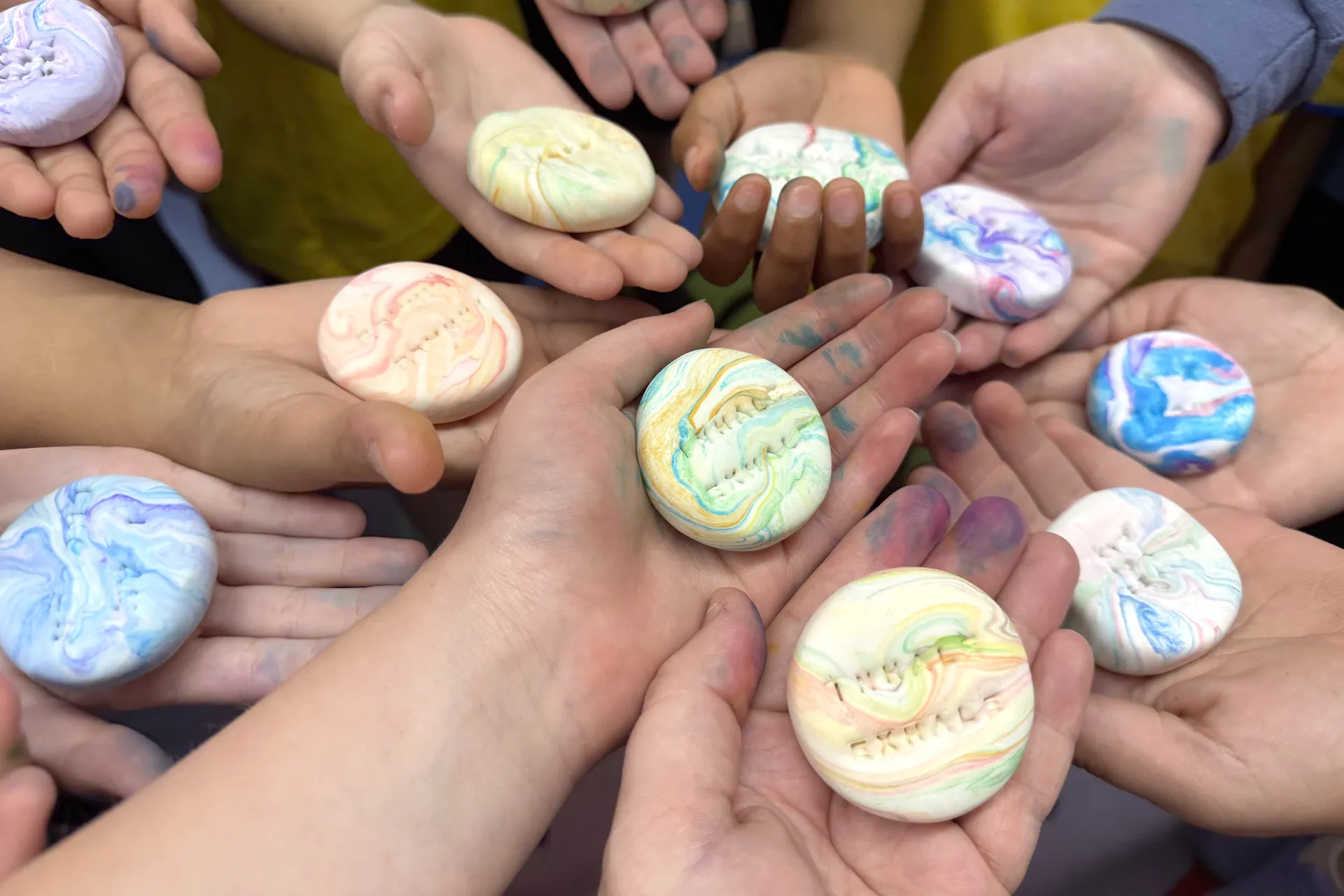 Each year in May, Gardiners Avenue celebrates Mindfulness. In art, students make air-dry Model Magic "Worry Stones" and use a small stamper to add positive affirmations!